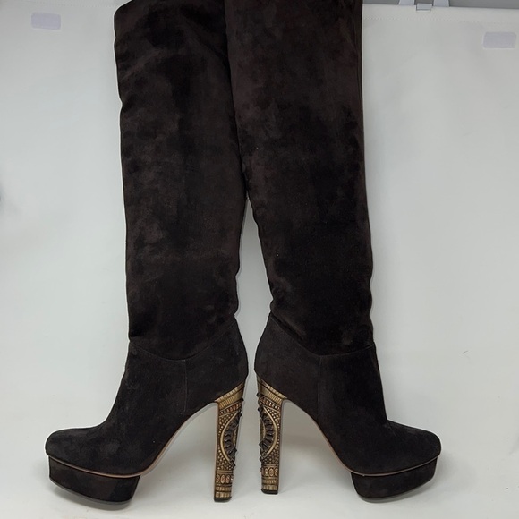 Le Silla 39/US 9 Brown Suede Metal Crystal Embellished Platform Tall Boots - Picture 1 of 16